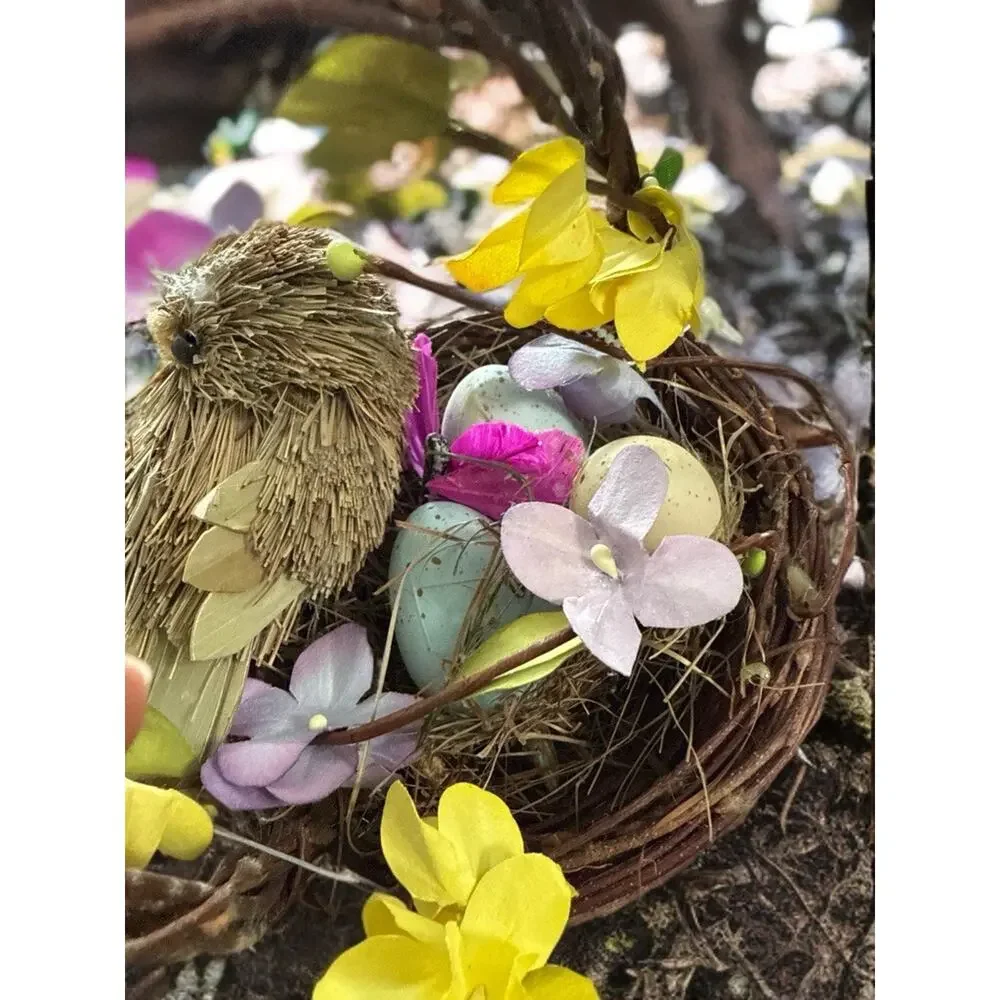 Handmade Wicker Basket with Artificial Flowers, Bird, Eggs - Spring Easter 5x4”